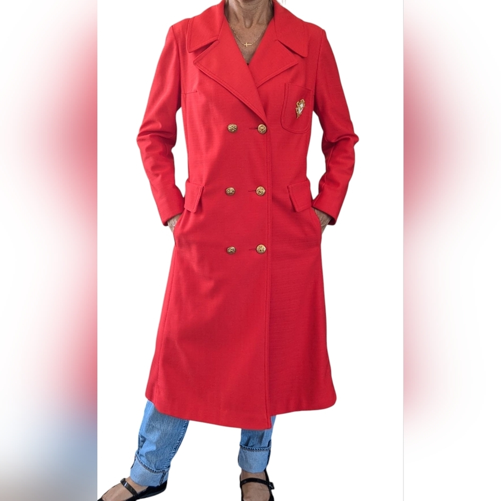 Vintage Smug Red Double Breasted Blazer Coat Gold Crest Buttons Preppy 70s Mod